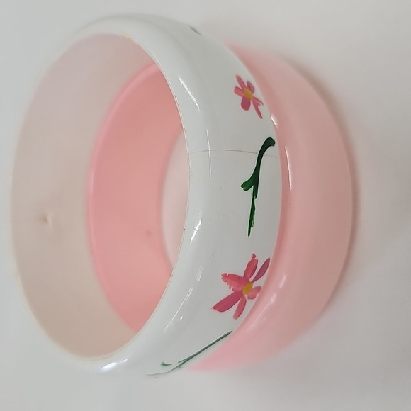 Vtg 80's Pink and White With Handpainted Floral Bangle Set - Picture 3 of 3